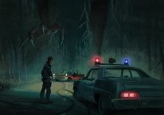 a man standing next to a police car in the dark with two dinosaurs on it