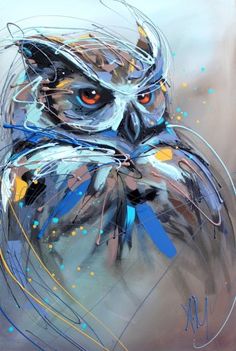 an owl with orange eyes is shown in this artistic painting by artist markiek