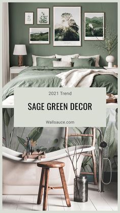 a bedroom with green walls and pictures on the wall above it that says sage green decor