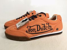 Von Dutch Vanderdutch Orange LEATHER CLASSIC SNEAKERS Shoes Size 6. From smoke free home. Please see all photos for details & measurements before purchasing. There is some white marks on the rubber sole in pictures. Thank you! Von Dutch Shoes, Rare Shoes, Black Tennis Shoes, Drip Drip, Orange Sneakers, Von Dutch, Fashion Project, Shoes Size 6, White Mark