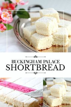 shortbreads are stacked on top of each other with pink flowers in the background