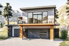 a two story house with a balcony on the top floor and an attached garage below