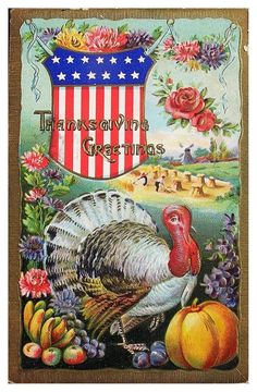 an old fashioned thanksgiving card with a turkey