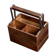 a wooden box with metal handles and compartments