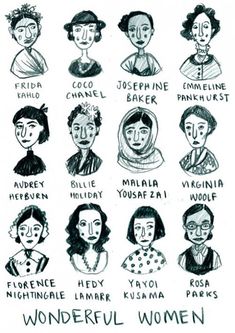 a drawing of women's heads with different names on them and the words wonderful women written