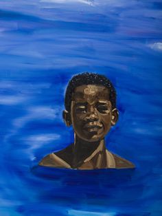 a painting of a boy in the water with blue sky and clouds behind him,