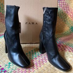 Thank You For Considering My Shop! For Sale: * Brand New Zara Black Leather High Heel Ankle Boot - Comes With Original Box * Size: Women's 5 * 4" Heel * Colors: Black With Silver Zipper Pull * Beautiful Design With Chunky Heel * Flawless Condition - Never Worn With Tags * Quality Rating: 10/10 Thanks Again For Stopping By (: Black Faux Leather Spring Boots, Casual Faux Leather Mid-calf Boots With Block Heel, Spring Heeled Boots With Round Toe For Night Out, Spring Round Toe Heeled Boots For Night Out, Spring Heeled Boots For Night Out With Round Toe, Trendy Medium Width Ankle Heeled Boots, Black Ankle-high Boots For Spring, Trendy Leather Mid-calf Boots, Trendy Medium Width Heeled Boots