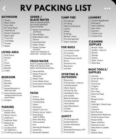 the rv packing list is shown in black and white