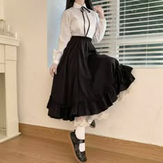 Long Suspender Skirt, Long Black School Skirt, White Long Skirt, Frill Skirt, 일본 패션, Estilo Preppy, Long Skirts For Women, Half Skirt, Cheap Womens Clothing