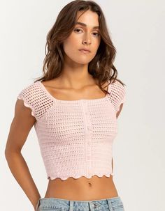 FULL TILT Open Knit Button Front Womens Sweater - PINK | Tillys Fitted Knit Top With Button Closure, Spring Fitted Crochet Top With Buttons, Fitted Crochet Top With Buttons For Spring, Fitted Knit Top With Buttons, Trendy Knit Top With Buttons, Pink Knit Tops With Buttons, Pink Knit Top With Buttons, Knit Shirt Pattern, Button Front Sweater