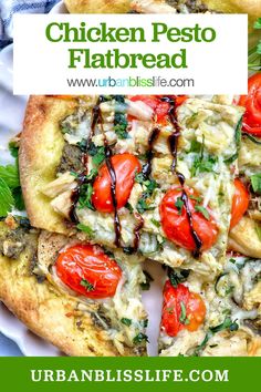 chicken pesto flatbread pizza with tomatoes and basil on it, topped with melted cheese