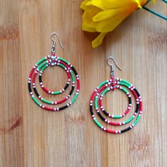 1pr Beautiful African Maasai Triple Hoop Beaded Earrings Set. Length Of Earrings 3" Inches Long. Hoop Beaded Earrings, African Beadwork, Valentines Earrings, Turquoise Earrings Dangle, Blue Tassel, Rainbow Beads, Hoop Earring Sets, Long Dangle Earrings, Maasai