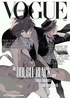 an anime magazine cover with two people dressed in black and white, one holding the other's hand