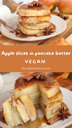 apple slices in pancake batter are stacked on top of each other with cinnamon and star anise