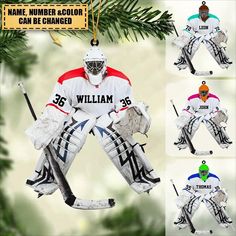 the personalized ornament for an ice hockey player is hanging from a christmas tree