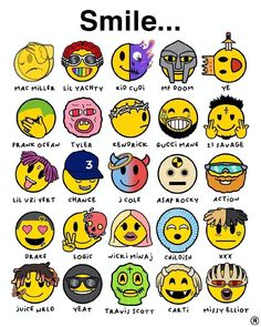 an image of smiley faces with the words smile in different languages and colors on them