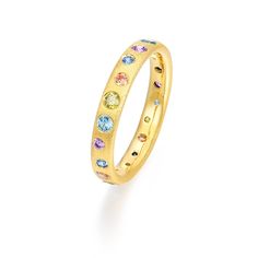 * RING WIDE: 3.5MM * STONE DIAMETER: APPROX,2.25MM/1.75MM * STONE COUNT: 10 * WEIGHT: 3g * 18K gold plated over sterling silver with a brushed finish. *【Modern Artisan Studio】 Original Designer Jewelry Anniversary Yellow Gold Rings With Stones, Yellow Gold Promise Ring With Stones, Fine Jewelry Yellow Gold Rings With Stones, Multi-stone Ring Jewelry For Promise, Round Topaz Ring With Stones In Fine Jewelry Style, Round Topaz Ring With Fine Jewelry Style, Multi-stone Round Promise Rings, Promise Rings With Multi-stone Round Band, Promise Rings With Multi-stone