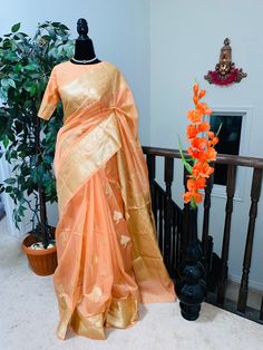 Banarsi fancy beautiful  kora organza double zari silk saree Very good quality all colors available shipping with in a week time . contact seller before placing the order about color ! Orange Banarasi Silk Saree With Cutdana, Gold Organza Saree With Zari Weaving, Yellow Organza Saree With Cutdana, Luxury Orange Banarasi Silk Saree, Luxury Orange Banarasi Silk Pre-draped Saree, Blouse Fits, Organza Blouse, Designer Blouse, Organza Saree