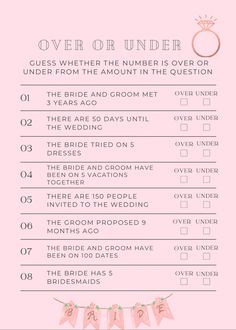 a pink wedding checklist with the words over or under