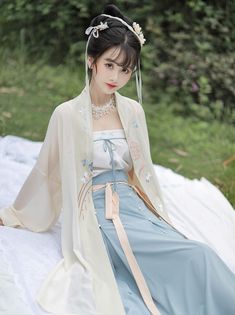 ❤︎ lace bell sleeve flower sheer jacket + lantern sleeve sheer jacket + ribbon cami top + pearl skirt❤︎ Elegant Hanbok For Spring Wedding, Elegant Wedding Hanbok For Spring, Elegant White Hanbok For Spring, White Long Sleeve Hanbok For Spring, Pearl Skirt, Top Pearl, Sheer Jacket, Lantern Sleeve, Lantern Sleeves