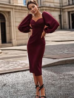 Lasaky - Elegant Low-Cut Courtly Dress with Bubble Sleeves, Pleats, and a Slim-Fit Mermaid Silhouette Midi Dress Outfit, Button Fashion, Chic Maxi Dresses, Vintage Black Dress, Elegant Midi Dresses, Elegant Party Dresses, Lantern Sleeve Dress, Linnet, Slim Dresses