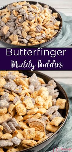 two plates filled with muddy dog treats and the words butterfingerer muddy buddies on them