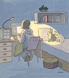 a drawing of a person sitting at a desk with a dog on the floor in front of them