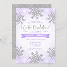 a purple and silver snowflake birthday party card