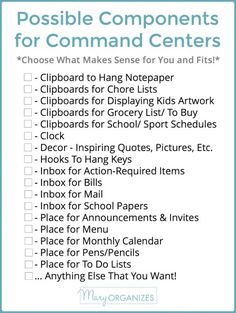 a checklist with the words possible components for command centers in blue and white text