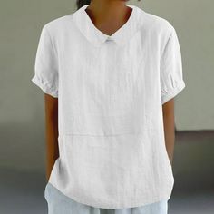 Women's solid summer cotton linen loose lapel doll neck cute shirt top Features: Polyester Material:Comfortable and soft feeling,Lightweight and Stylish Feature:Casual V neck t-shirt, transparent mesh neckline, short sleeve/sleeveless, flat hem finished, basic solid color, trendy and elegant. Occasion: Great for casual indoor or out door wear,Date, Vacation,Beach,Vocation,Hang out, give you fashion and happiness. All We Want is to Bring You Different Fashion. Makes you Fashion and Unique Every D Womens Chambray Shirt, Trendy Tunic, Short Sleeve Tunic Tops, Workout Tops For Women, Fitted Tunic, Casual Summer Tops, Blouse Short Sleeve, Blouse Tops, Womens Tops Summer