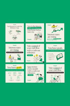 four different types of brochures with green background