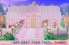 a pink and white building with flowers on the front door is featured in an animated video game