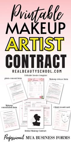 makeup artist contract text overlay with makeup artist business forms Makeup Artist Marketing, Freelance Makeup Artist Kit, Printable Makeup, Mua Tips, Business Aesthetics, Makeup Consultation