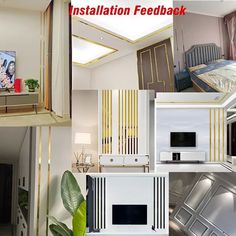 a collage of photos showing different rooms and appliances in the same room, including a bed