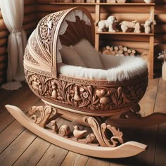 a wooden rocking chair with white fur on the top and bottom, in front of shelves