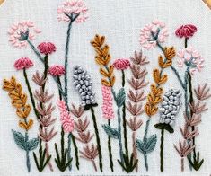 a close up of a embroidery on a piece of cloth with flowers in the background