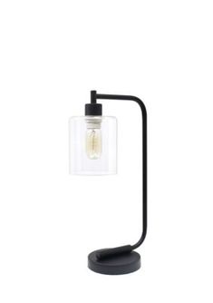 a black table lamp with a clear glass shade