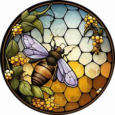 a stained glass window with a bee on it