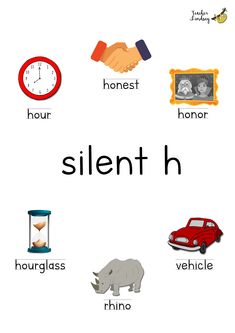 Poster containing images and text for silent h words. Phonics Readers, Silent Words, Phonics Posters, Reading Vocabulary, Free Posters, Phonics Rules, H Words, Phonics Sounds, English Phonics