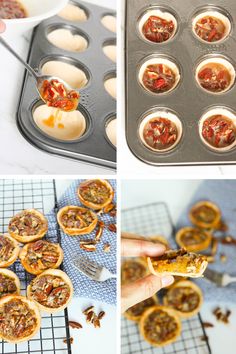 the process of making mini pizzas in muffin tins is shown here and then being made into cupcakes