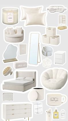 a collage of white furniture and accessories