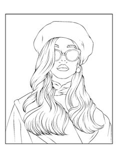 a black and white drawing of a woman with long hair, wearing glasses and a hat