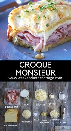 the recipe for croque monsieur is shown on a blue plate