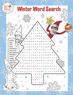 a winter word search with an elf and snowflakes on the bottom, in front of