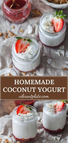 homemade coconut yogurt in small jars with strawberries on top