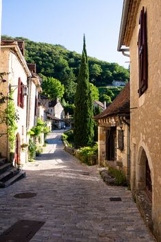 an alley way with cobblestone stone buildings and trees on both sides, surrounded by greenery