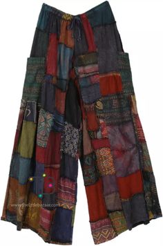 Deep Rock Patchwork Wide Leg Bohemian Pants | Brown | Split-Skirts-Pants, Patchwork, Striped Textiles Moodboard, Silly Clothes, Patchwork Pants, Bohemian Pants, Hippie Pants, Hippie Clothes, Heart Clothes, Bohemian Aesthetic, Pants Brown