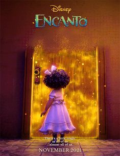 the poster for disney's upcoming movie, encanto is shown in front of a doorway