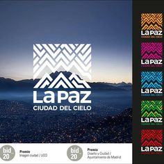 the logo for la paz is shown in four different colors and sizes, with mountains behind it