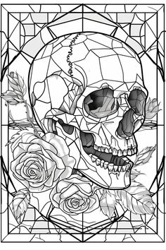 a stained glass window with a skull and roses